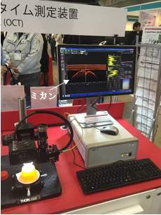 OCT equipment on display at the Thorlab booth (Cross-section of fruit jelly on the screen)